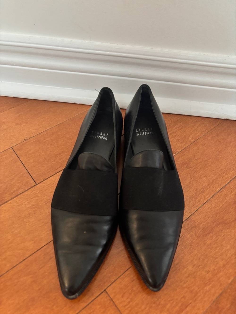 Stuart Weitzman Black Pointed Leather Slip-Ons with Elastic Band